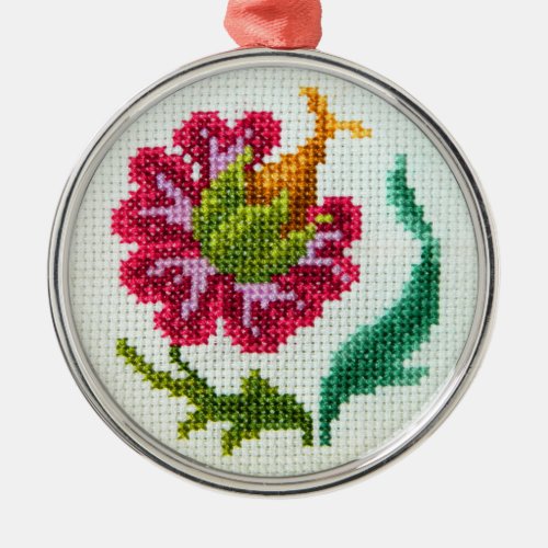 Hand embroidered bright flower 3 metal ornament