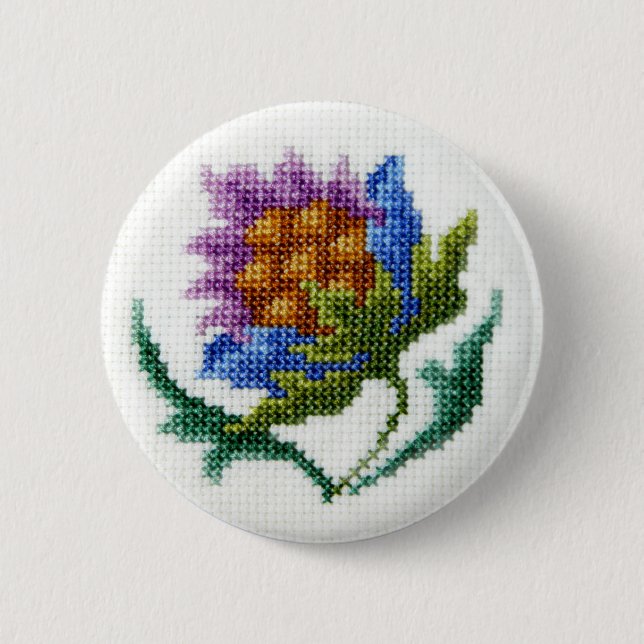 Hand embroidered bright flower pinback button (Front)