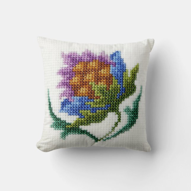 Hand embroidered bright flower throw pillow (Front)