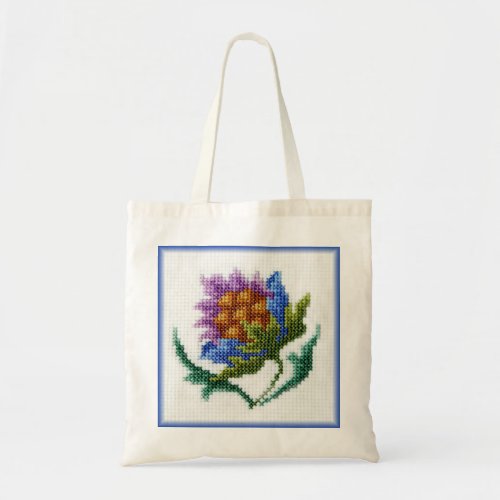 Hand embroidered bright flower tote bag