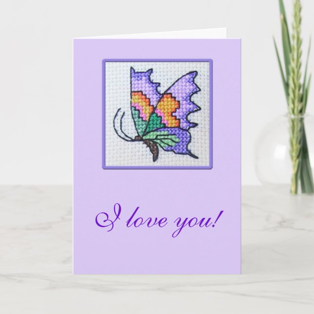 Hand embroidered romantic butterfly card (Front)