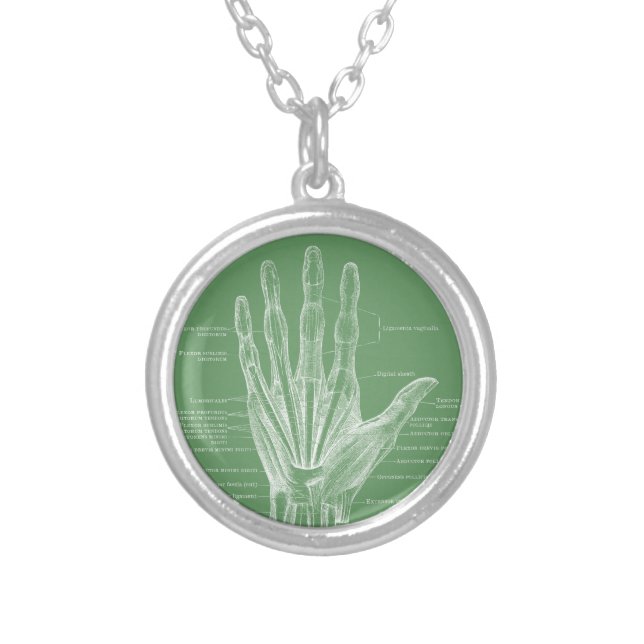 Hand fingers muscles - anatomy silver plated necklace (Front)