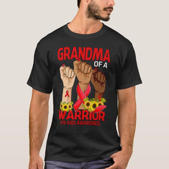 Hand Grandma Of A Warrior Hiv Aids Awareness Sunfl T-Shirt (Front)