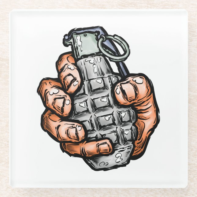 Hand Grenade In Comics Style Glass Coaster (Front)