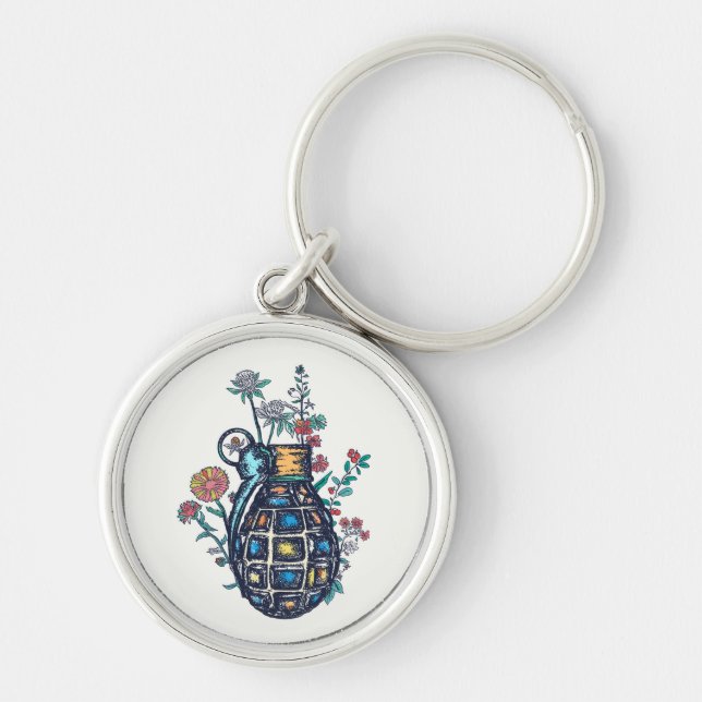 Hand Grenade Vase of Flowers Keychain (Front)