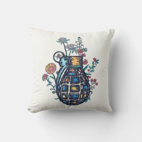 Hand Grenade Vase of Flowers Throw Pillow