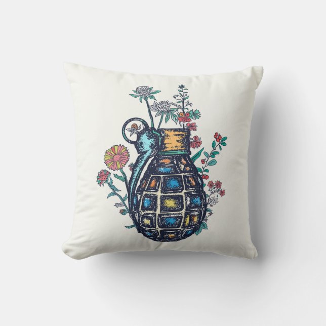 Hand Grenade Vase of Flowers Throw Pillow (Front)