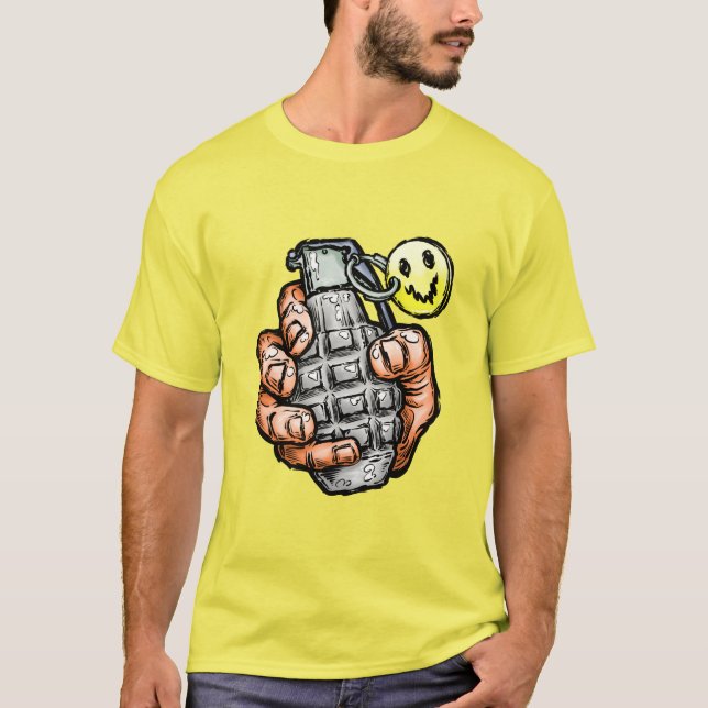 Hand Grenade With Happy Face, Comics Style T-Shirt (Front)