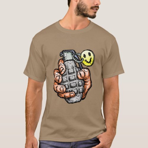 Hand Grenade With Happy Face Comics Style T_Shirt