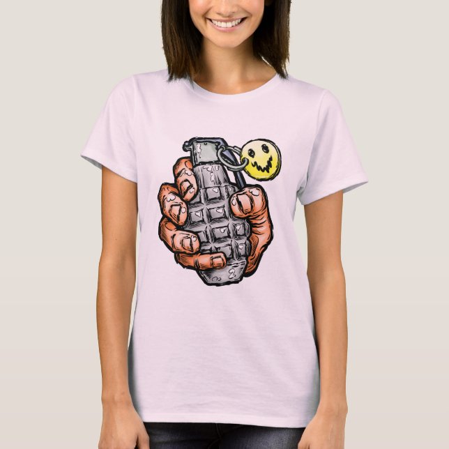 Hand Grenade With Happy Face, Comics Style T-Shirt (Front)