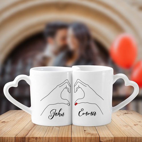 Hand Heart Shape Custom Couple Name Valentines Day Coffee Mug Set