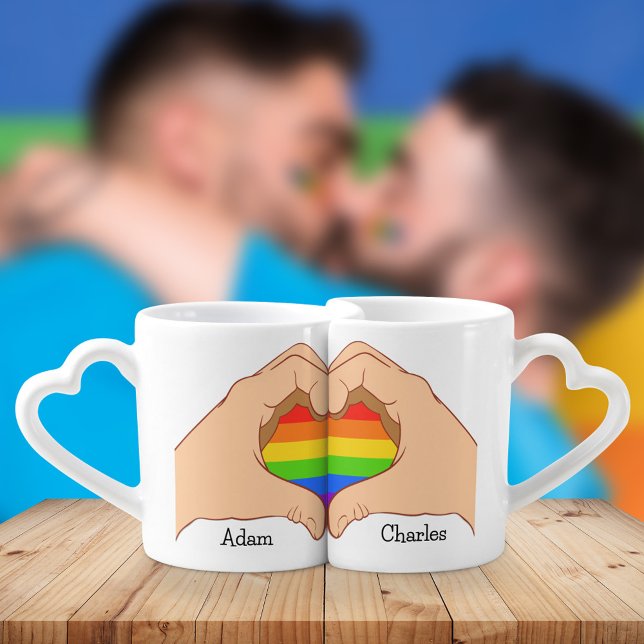 Hand Heart Shape LGBT Gay Pride Valentine's Day Coffee Mug Set (Creator Uploaded)