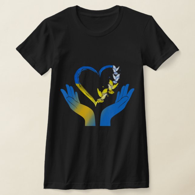 Hand Heart Ukrainian Flag Dove Ukraine Stand With  T-Shirt (Laydown)