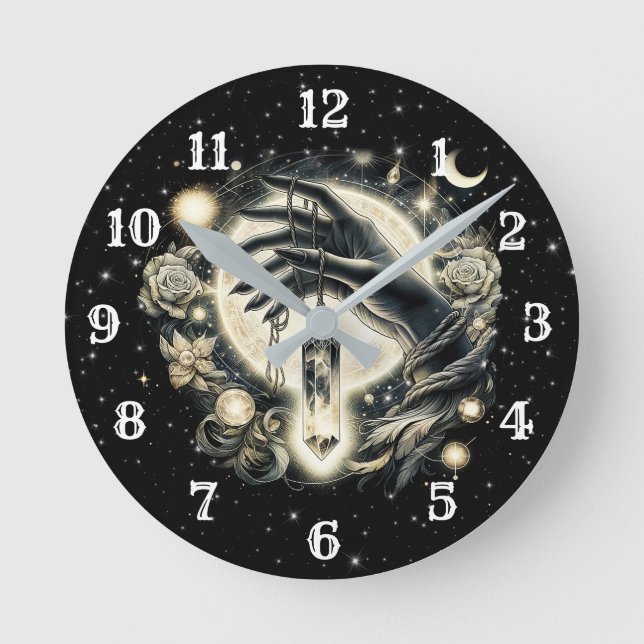 Hand Holding a Crystal under the Moonlight Round Clock (Front)