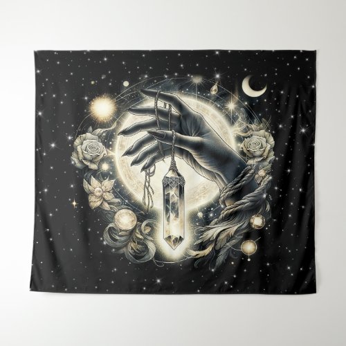 Hand Holding a Crystal under the Moonlight Tapestry