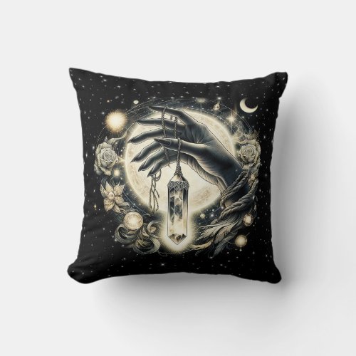 Hand Holding a Crystal under the Moonlight Throw Pillow