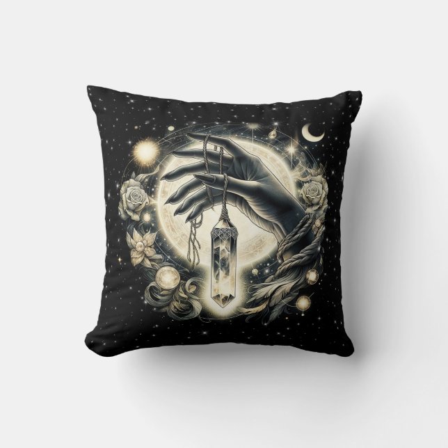 Hand Holding a Crystal under the Moonlight Throw Pillow (Front)