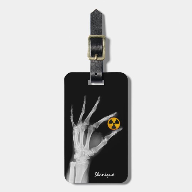 Hand Holding a Radiation Symbol  Luggage Tag (Front Vertical)