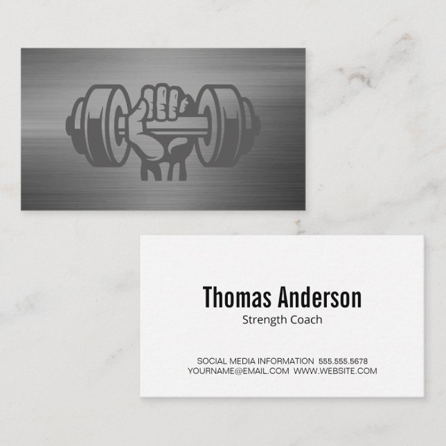 Hand Holding Dumbbell | Metallic Background Business Card (Front/Back)