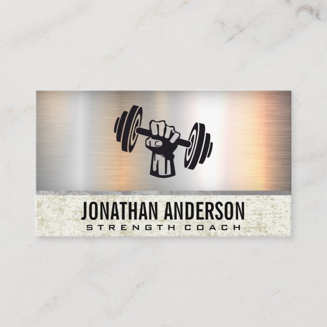 Hand Holding Dumbbell | Metallic Grunge Business Card (Front)