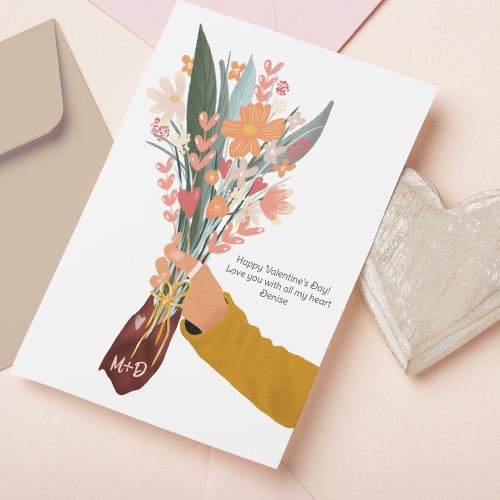 Hand holding floral bouquet Valentine 2 photos  Holiday Card