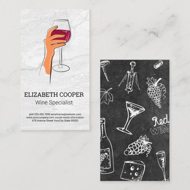 Hand Holding Glass of Wine Drawing Business Card (Front/Back)