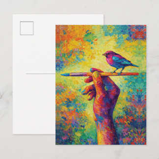 Hand Holding Paintbrush with Bird Creative Postcard