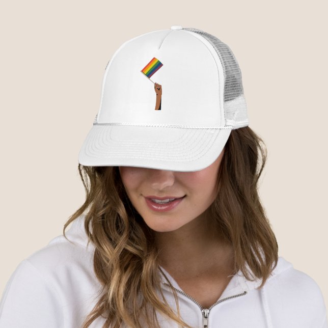 Hand Holding Pride Flag Trucker Hat (In Situ)
