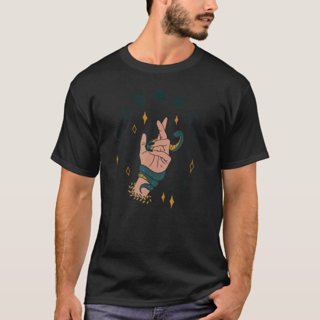 Hand Holding Snake Moon Crescent Moon Phases T-Shirt (Front)