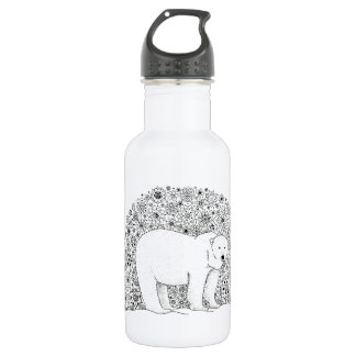 Hand Illustrated Artsy Floral Polar Bear Pen Art Stainless Steel Water Bottle