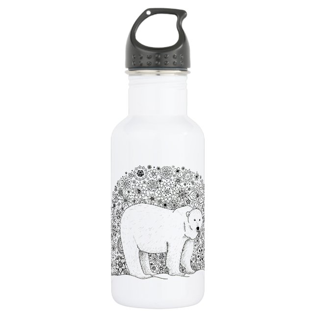 Hand Illustrated Artsy Floral Polar Bear Pen Art Stainless Steel Water Bottle (Front)