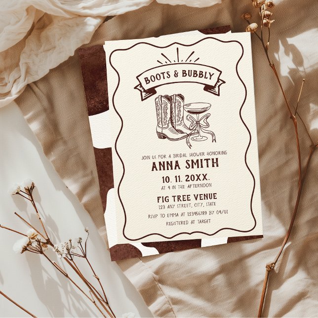 Hand Illustrated Boots & Bubbly Cute Bridal Shower Invitation (Boots & Bubbly Hand Illustrated Bridal Shower Invitation with Cow Pattern)
