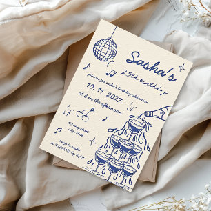 Hand-illustrated Champagne Tower Birthday Blue Invitation