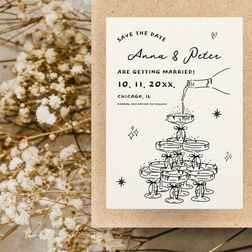 Hand_illustrated Champagne Tower Retro Funky Save The Date