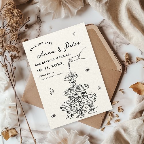 Hand_illustrated Champagne Tower Retro Funky Save The Date