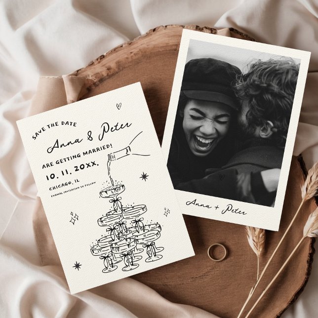 Hand-illustrated Champagne Tower Retro Photo Save The Date (Hand Illustrated Hand Drawn Champagne Tower Wedding Save the Date with Photo Black & White)