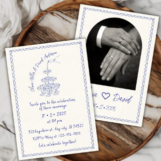 Hand-illustrated Champagne Tower Vintage Wedding Invitation