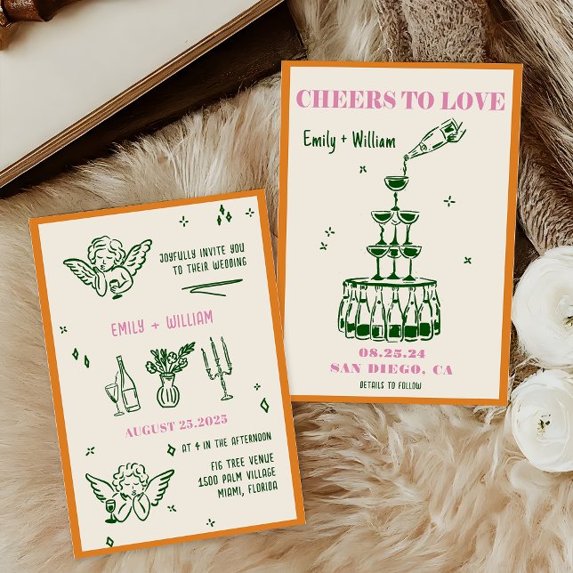 Hand-illustrated Champagne Tower Wedding Invitation (Creator Uploaded)