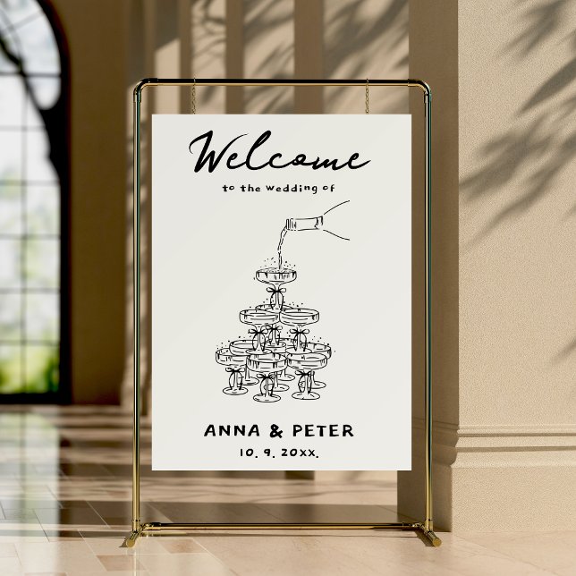 Hand-illustrated Champagne Tower Wedding Welcome Foam Board (Hand-illustrated Wedding Welcome Sign)