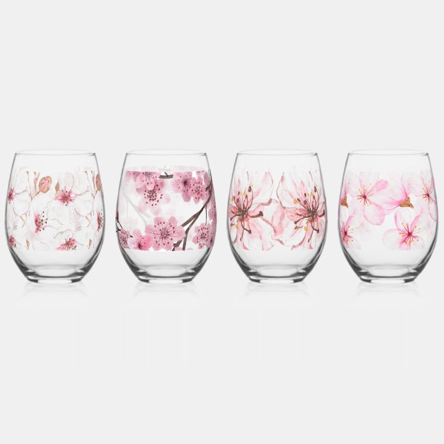 Hand Illustrated Cherry Blossom Print Stemless Wine Glass (Front)
