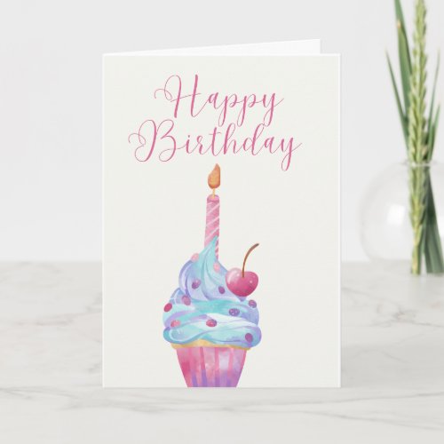 Hand Illustrated Cupcake with a Single Candle