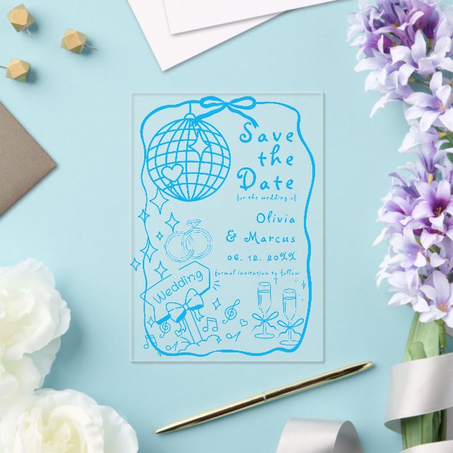 Hand Illustrated Doodle Blue Wedding Save The Date (Insitu (Wedding))