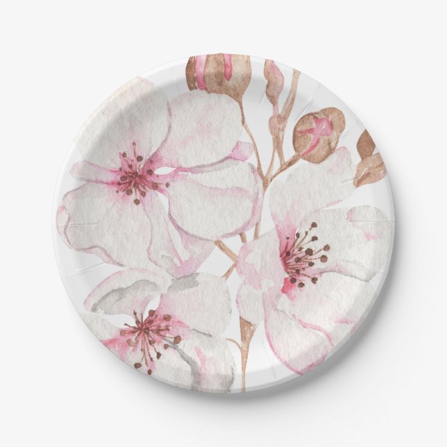Hand Illustrated Drawn Cherry Blossom  Paper Plates (Front)