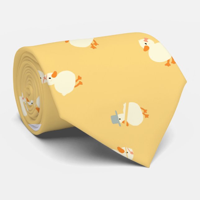 Hand Illustrated Duck Design Fun Yellow Ducks Neck Tie (Rolled)