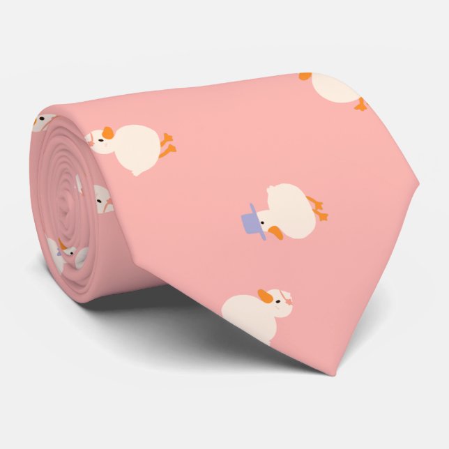 Hand Illustrated Ducks Design Pink Neck Tie (Rolled)
