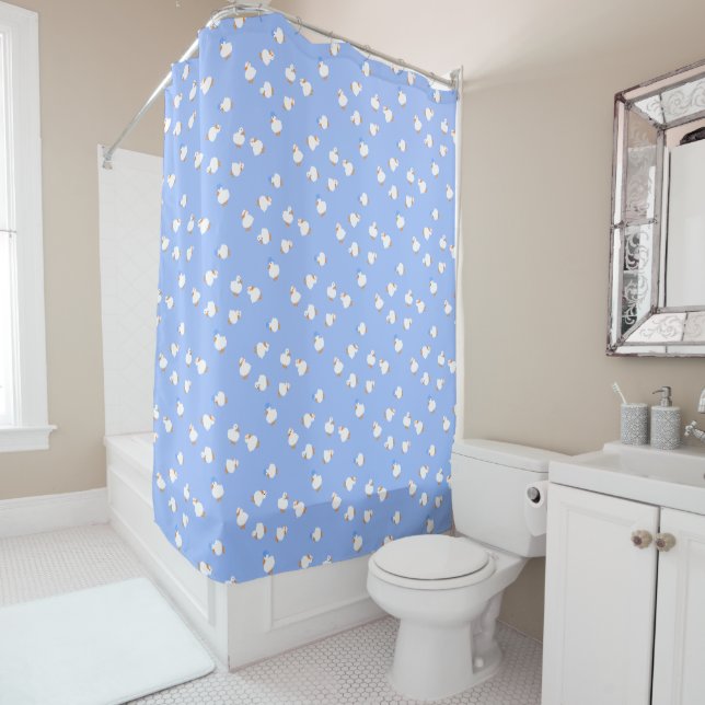 Hand Illustrated Ducks Theme Blue Shower Curtain (In Situ)