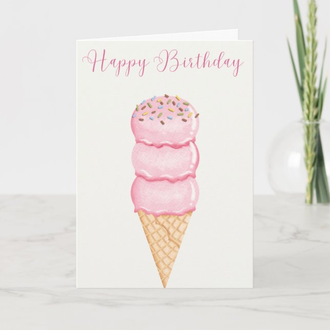 Hand Illustrated Ice Cream Cone Happy Birthday  Card (Front)