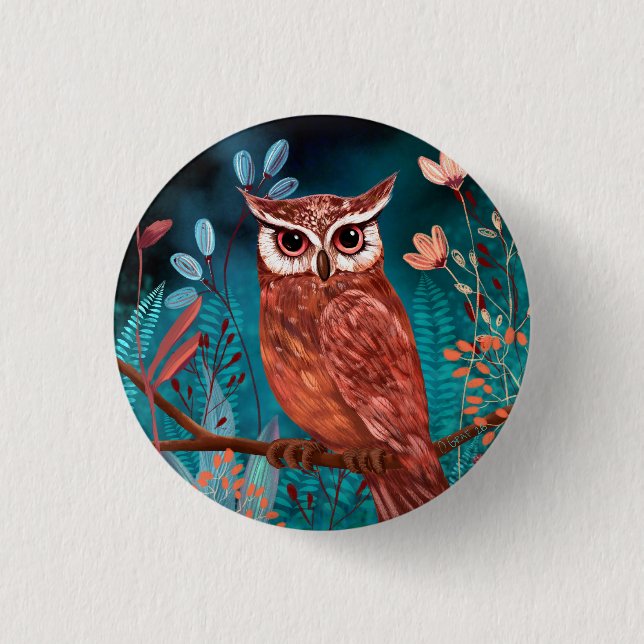 Hand-illustrated owl by the artist - Boho Nature Button (Front)