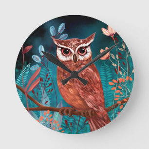 Hand-illustrated owl by the artist - Boho Nature Round Clock