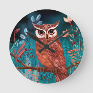 Hand-illustrated owl by the artist - Boho Nature Round Clock